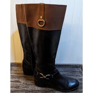 Bandolino Women's Black Brown Leather Tall Heeled Riding Boots Size 9M